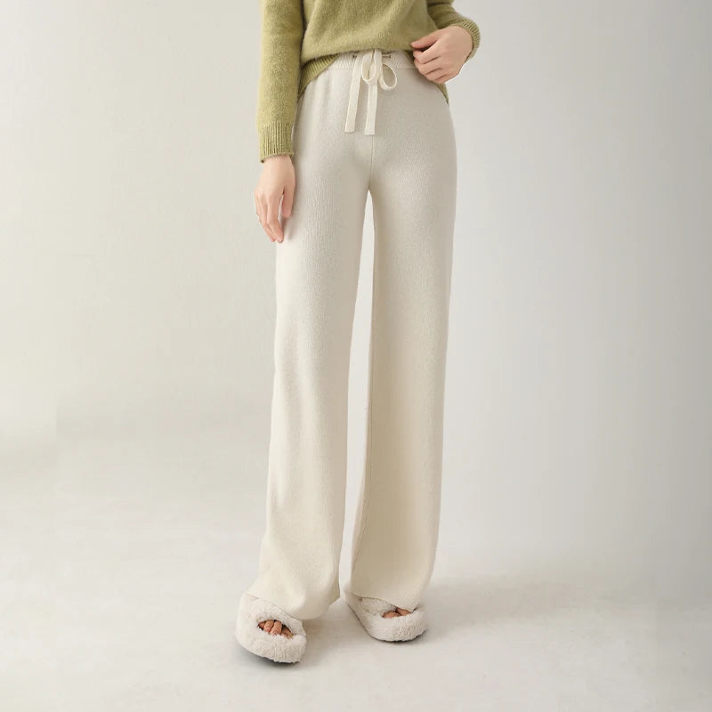 Pantalon Large en Laine avec Finition Cachemire